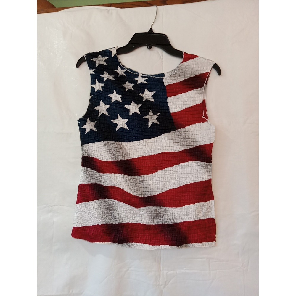 Petite Sophist USA American Flag Vintage Crinkle Stretch Tank Top Shirt MED A18